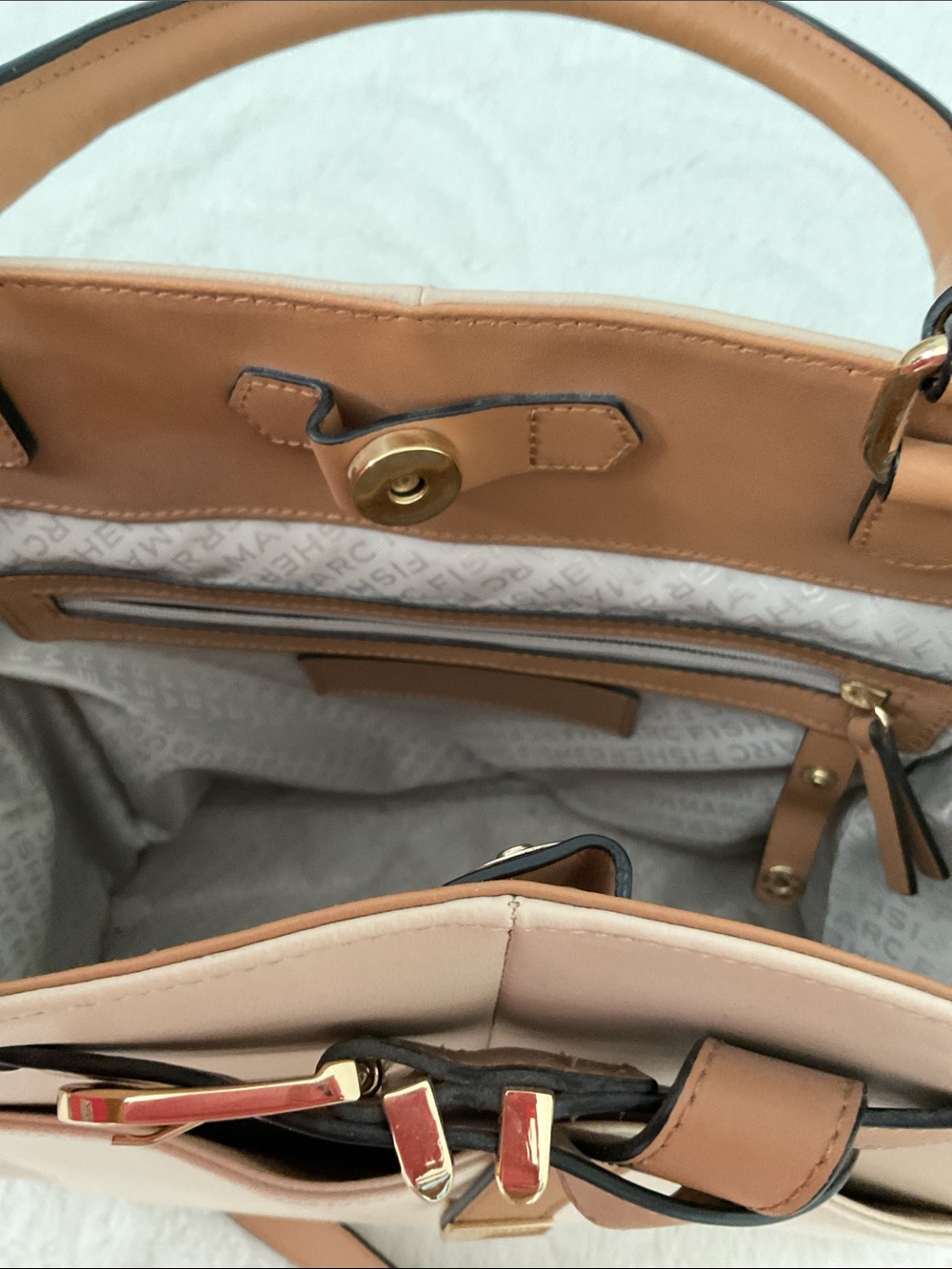 Marc Fisher Structured Two-Tone Tote Bag with Belt Detail Beige & Brown preowned - Picture 8 of 9